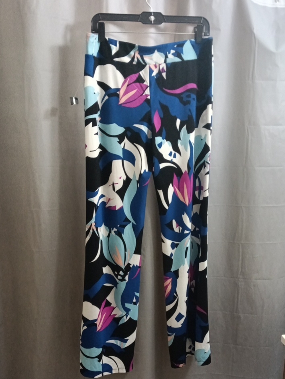 New Directions Black Wide-Leg Pants with Blue, White & Pink Abstract Print